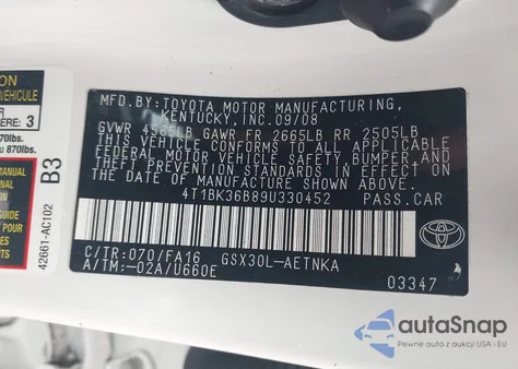 2009 Toyota Avalon Xl from USA, damaged, VIN 4T1BK36B89U330452